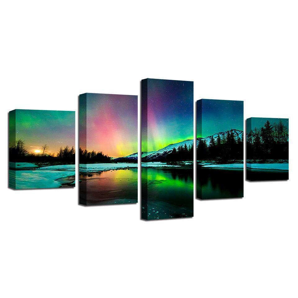 Aurora Borealis Lake 5 Piece HD Multi Panel Canvas Wall Art Frame-Original Frame