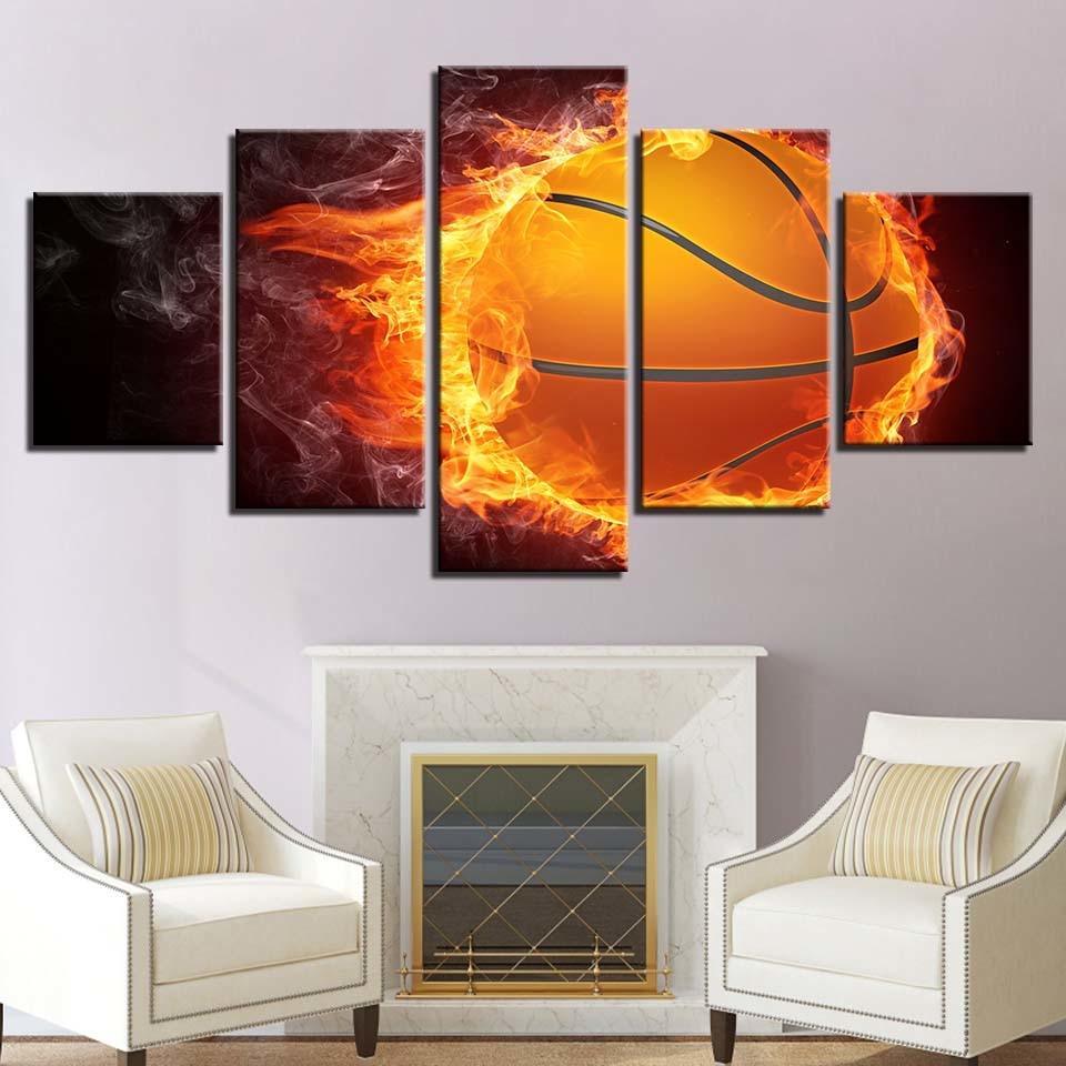 Basketball And Fire 5 Piece HD Multi Panel Canvas Wall Art Frame-Original Frame