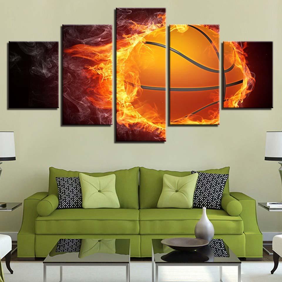 Basketball And Fire 5 Piece HD Multi Panel Canvas Wall Art Frame-Original Frame