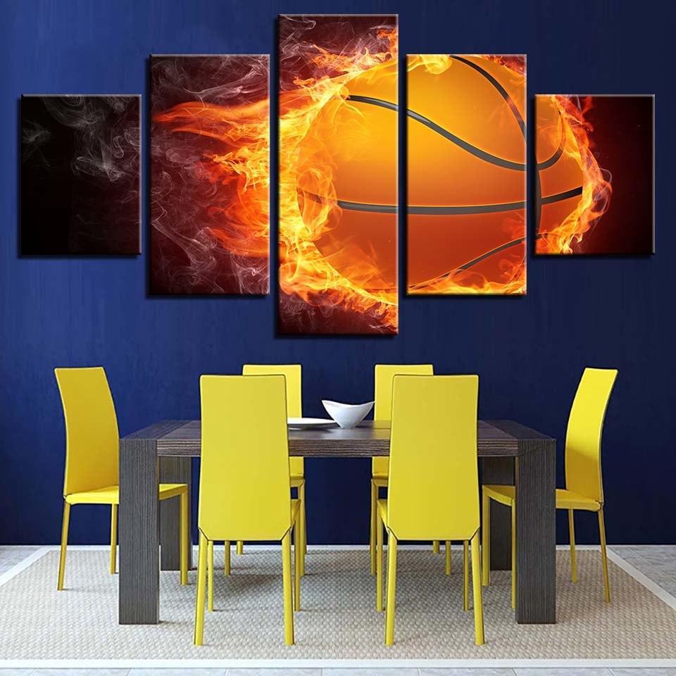 Basketball And Fire 5 Piece HD Multi Panel Canvas Wall Art Frame-Original Frame