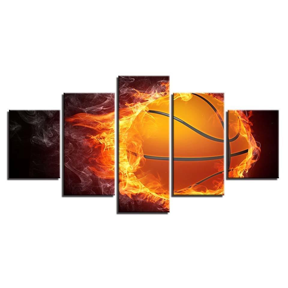 Basketball And Fire 5 Piece HD Multi Panel Canvas Wall Art Frame-Original Frame