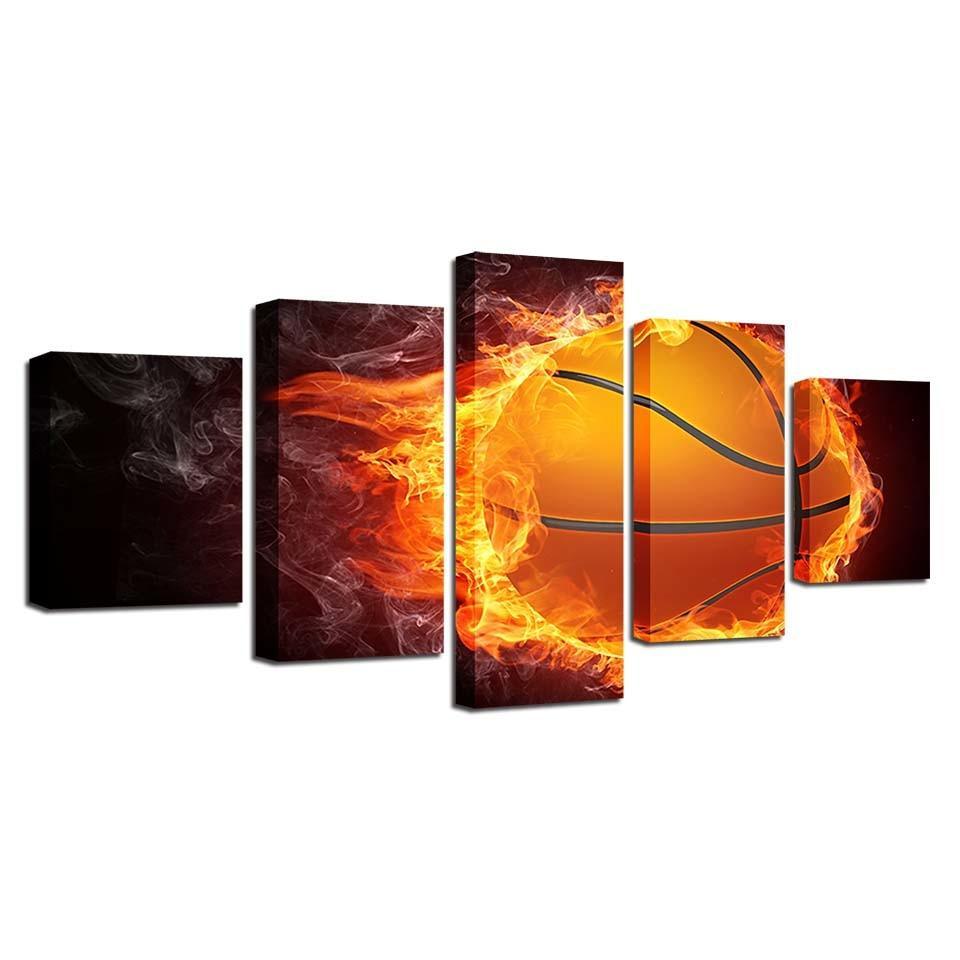 Basketball And Fire 5 Piece HD Multi Panel Canvas Wall Art Frame-Original Frame