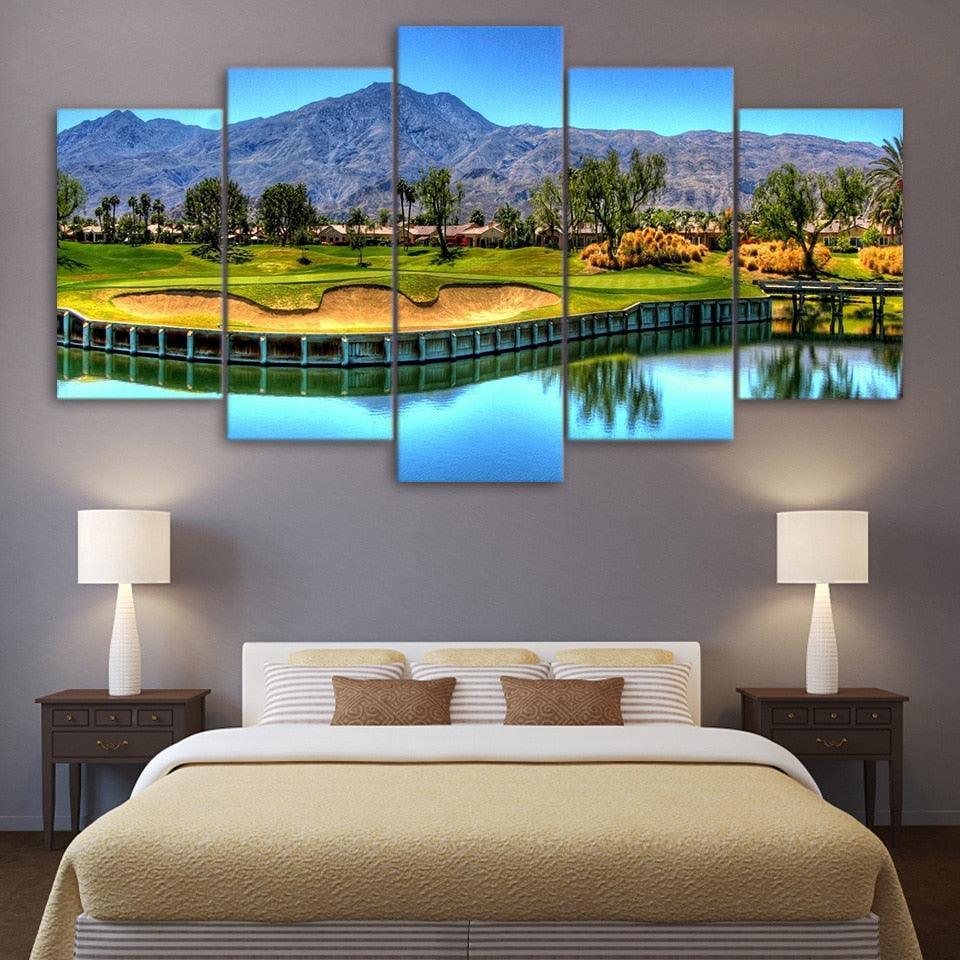 Mountain Golf Course 5 Piece HD Multi Panel Canvas Wall Art Frame-Original Frame