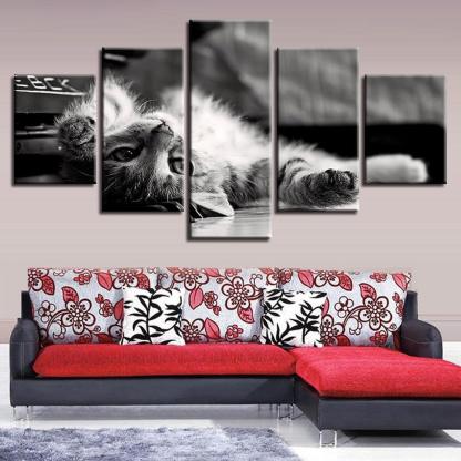 Tabby Cat 5 Piece HD Multi Panel Canvas Wall Art Frame-Original Frame