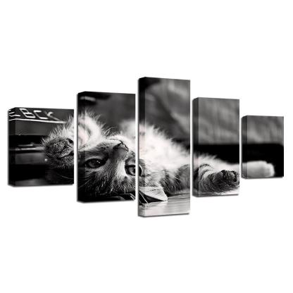 Tabby Cat 5 Piece HD Multi Panel Canvas Wall Art Frame-Original Frame