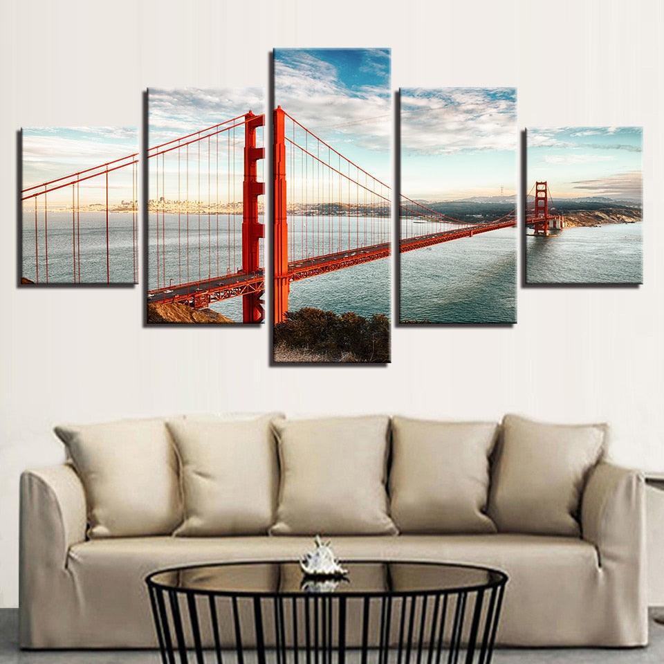 Golden Gate Bridge 5 Piece HD Multi Panel Canvas Wall Art Frame-Original Frame