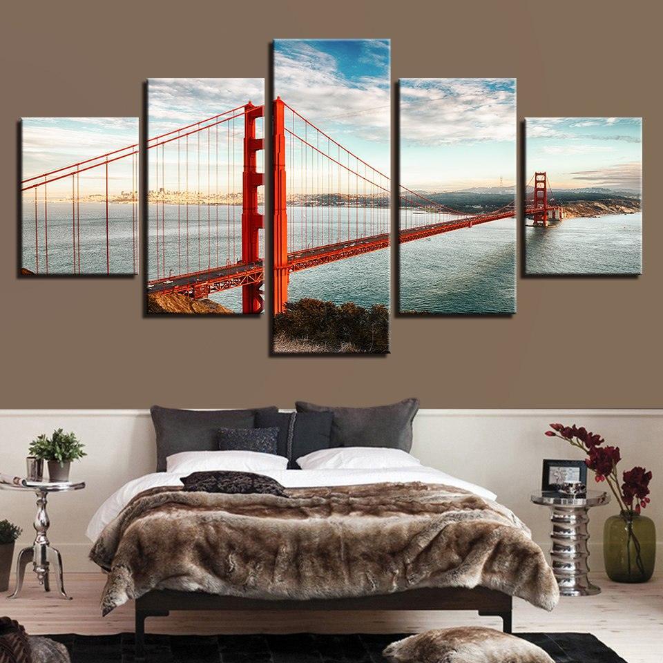 Golden Gate Bridge 5 Piece HD Multi Panel Canvas Wall Art Frame-Original Frame