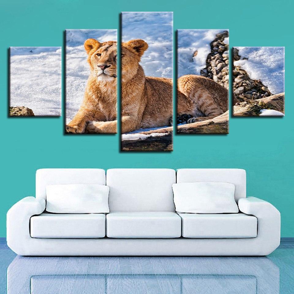 Lioness Resting 5 Piece HD Multi Panel Canvas Wall Art Frame-Original Frame
