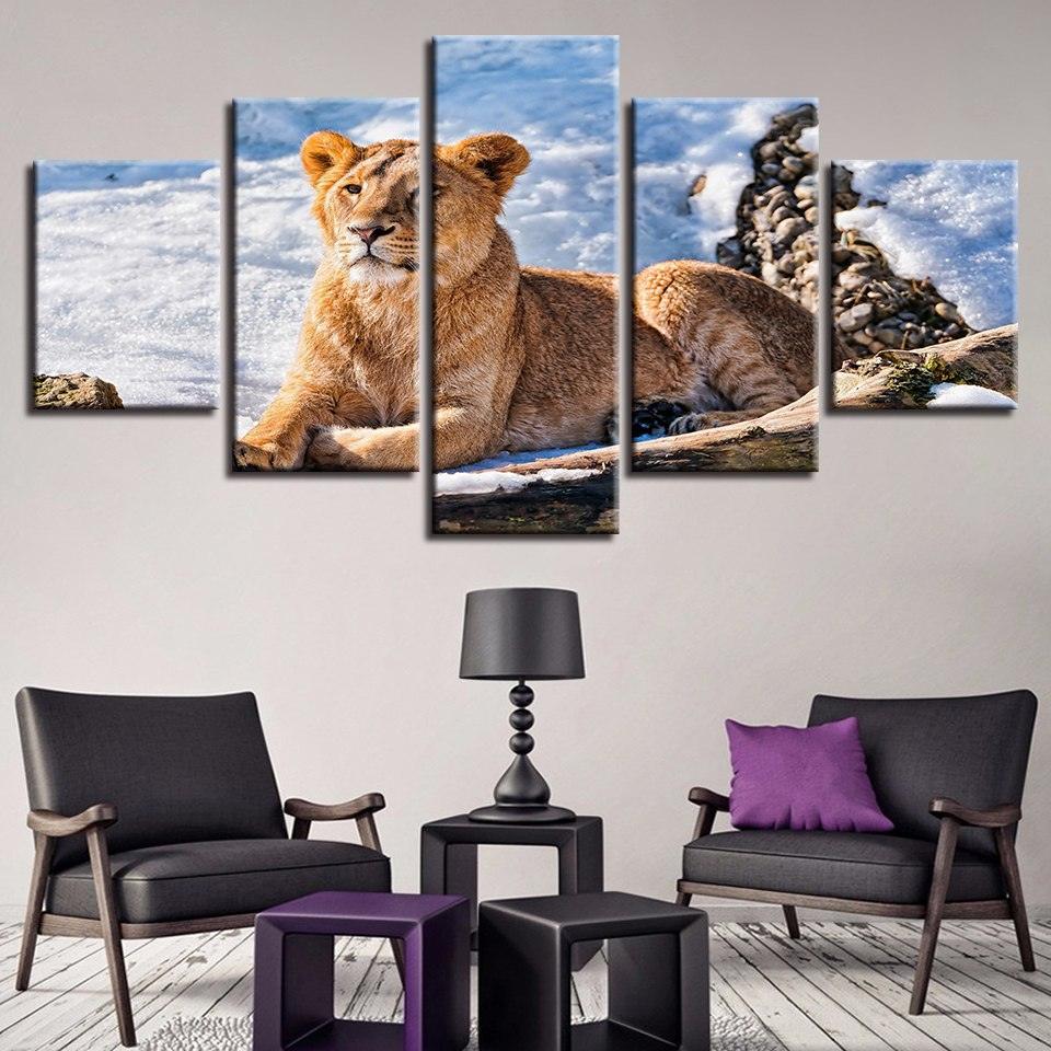 Lioness Resting 5 Piece HD Multi Panel Canvas Wall Art Frame-Original Frame