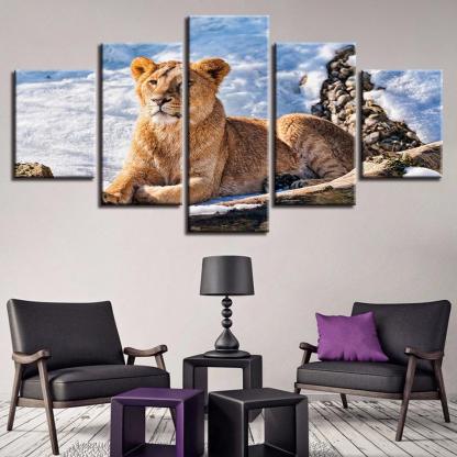 Lioness Resting 5 Piece HD Multi Panel Canvas Wall Art Frame-Original Frame