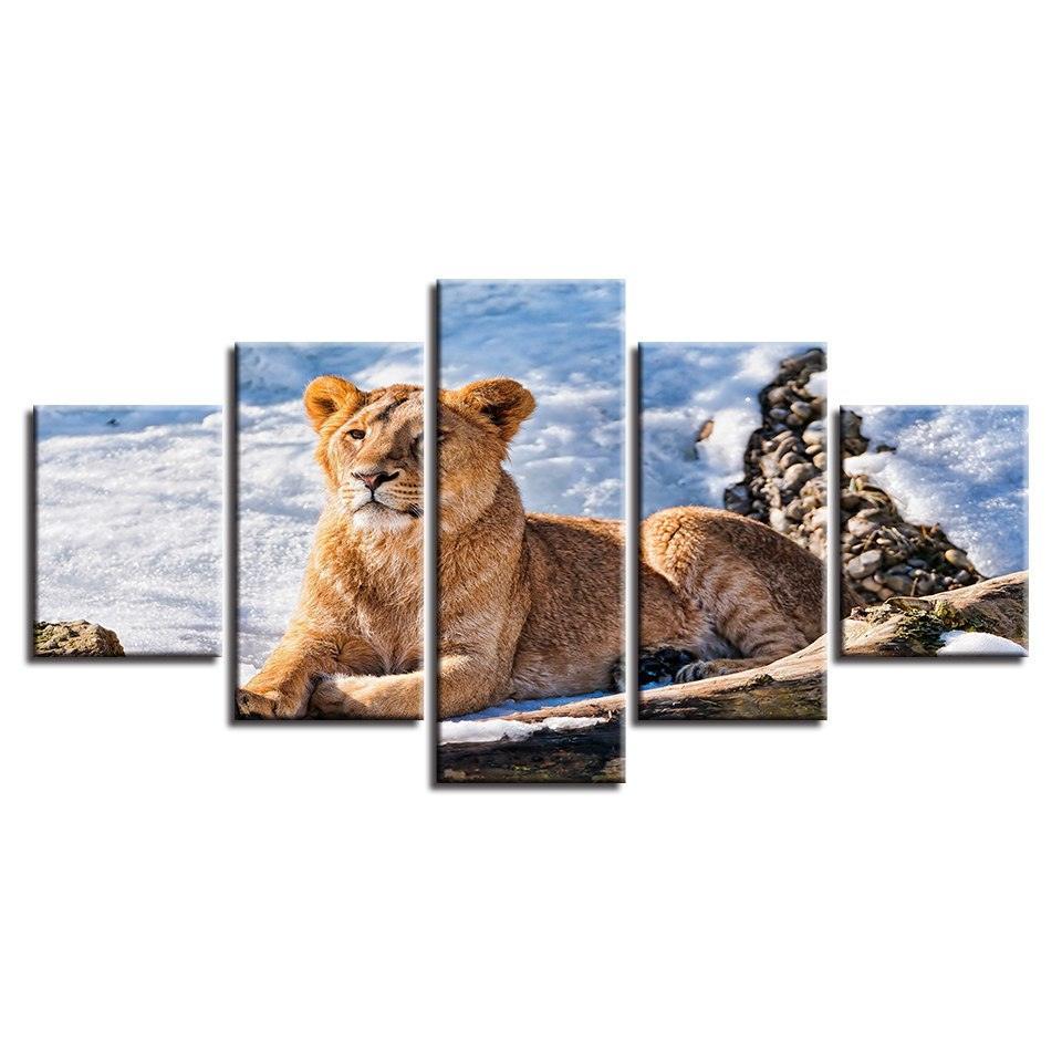 Lioness Resting 5 Piece HD Multi Panel Canvas Wall Art Frame-Original Frame