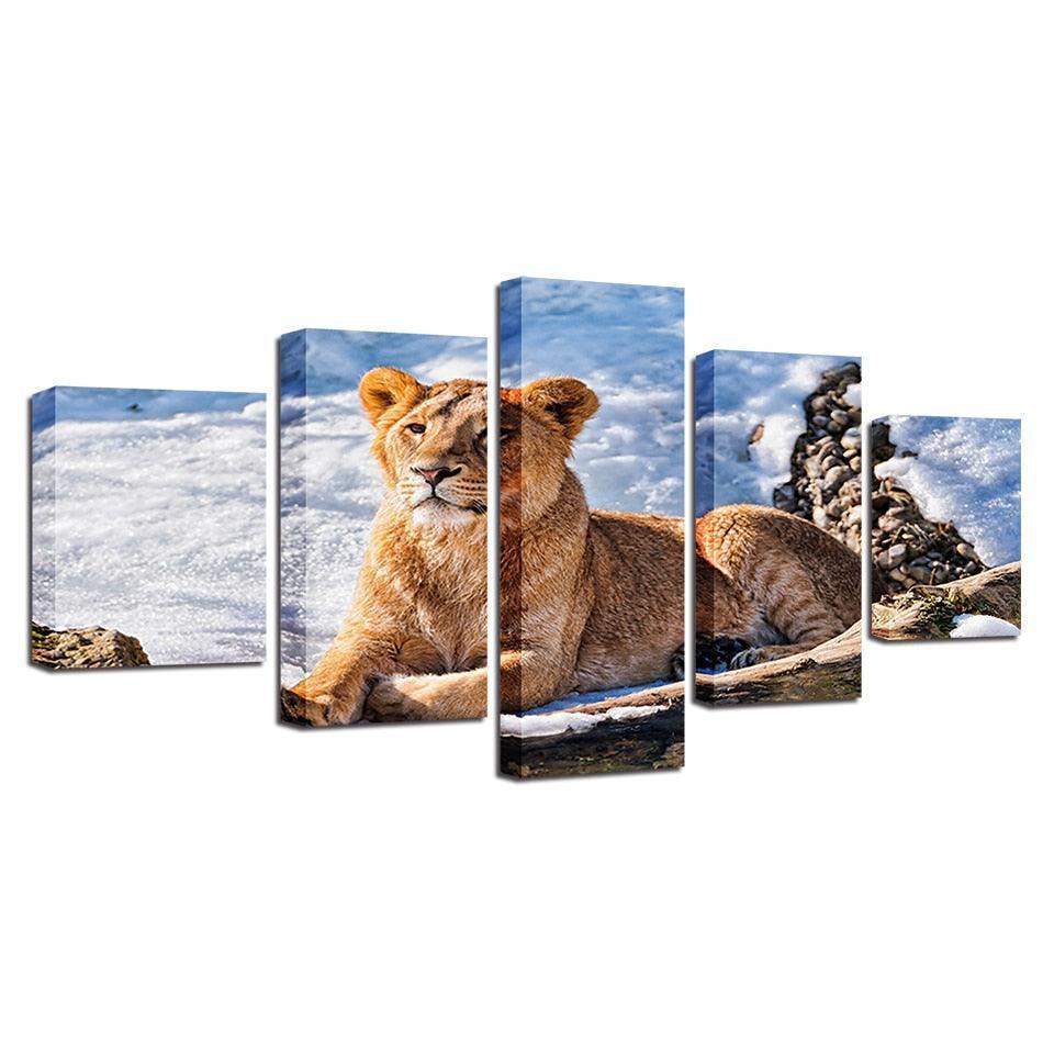 Lioness Resting 5 Piece HD Multi Panel Canvas Wall Art Frame-Original Frame