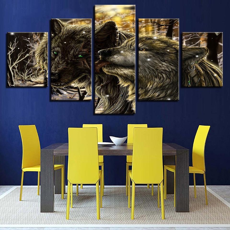 Snow Wolves 5 Piece HD Multi Panel Canvas Wall Art Frame-Original Frame