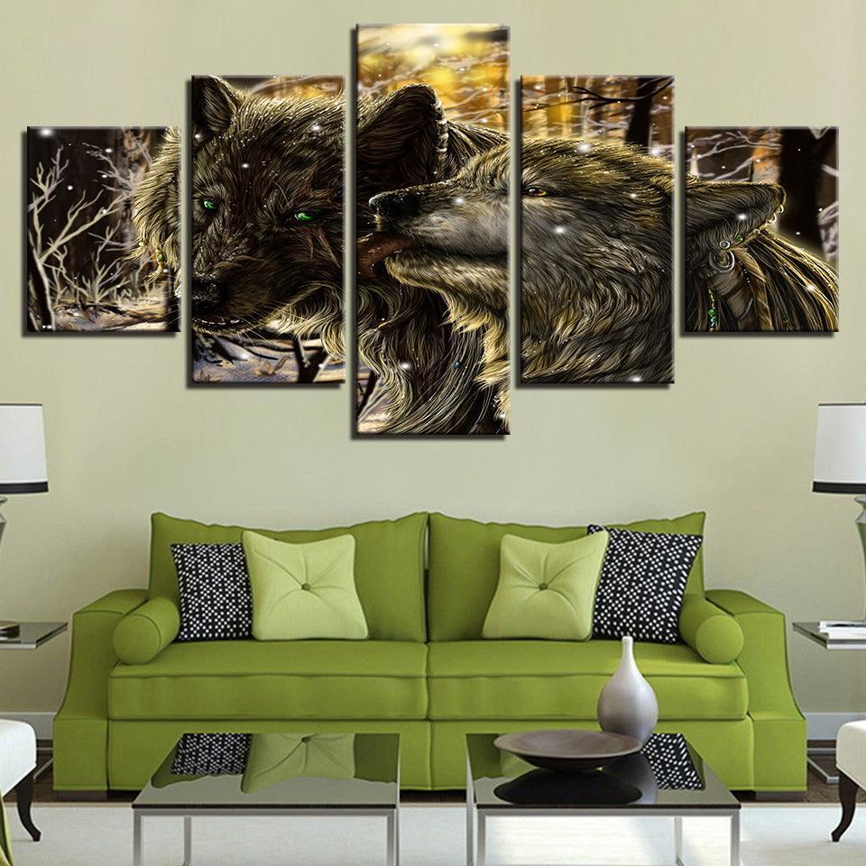 Snow Wolves 5 Piece HD Multi Panel Canvas Wall Art Frame-Original Frame
