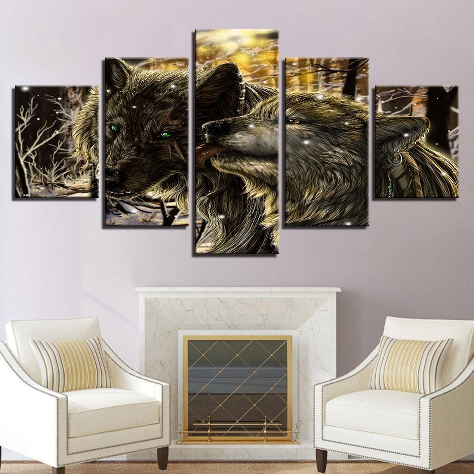 Snow Wolves 5 Piece HD Multi Panel Canvas Wall Art Frame-Original Frame