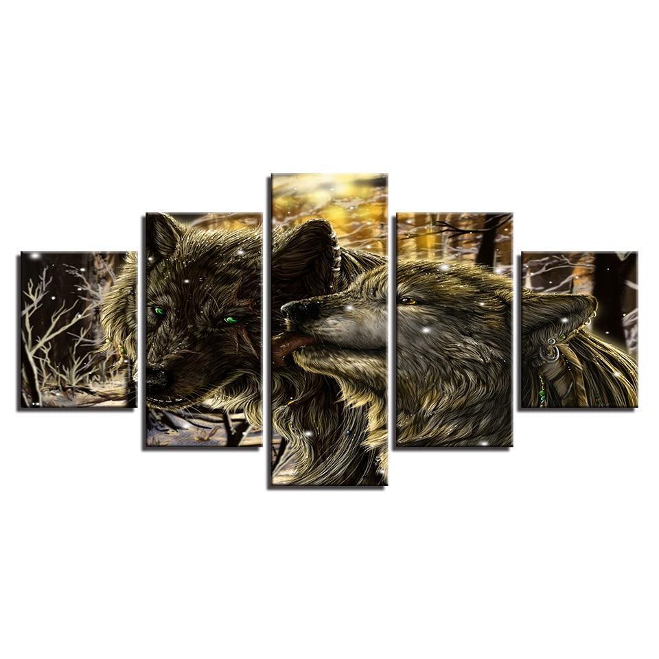 Snow Wolves 5 Piece HD Multi Panel Canvas Wall Art Frame-Original Frame