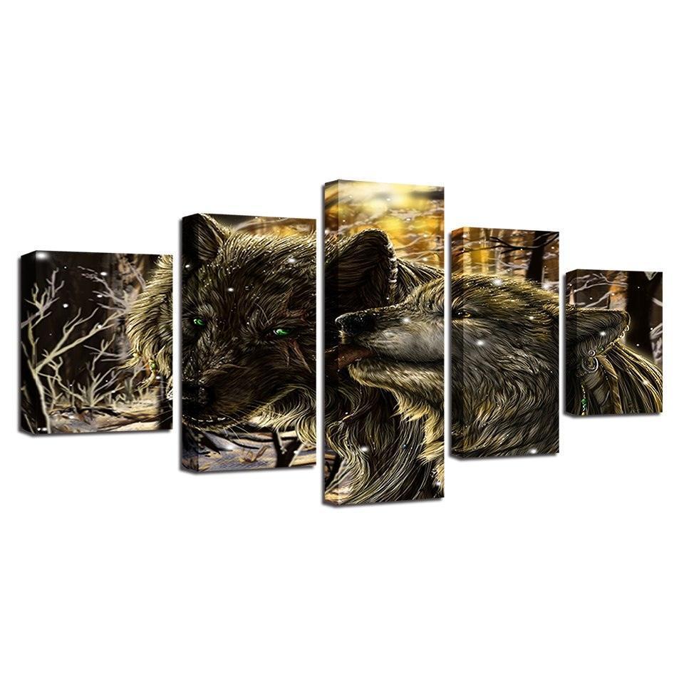 Snow Wolves 5 Piece HD Multi Panel Canvas Wall Art Frame-Original Frame