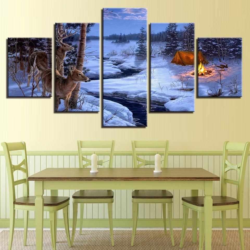 Ice Lake Deer 5 Piece HD Multi Panel Canvas Wall Art Frame-Original Frame