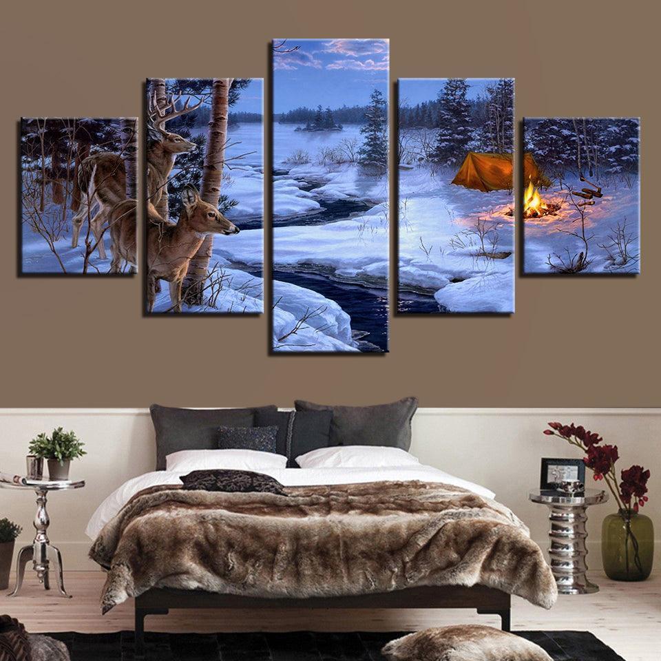 Ice Lake Deer 5 Piece HD Multi Panel Canvas Wall Art Frame-Original Frame