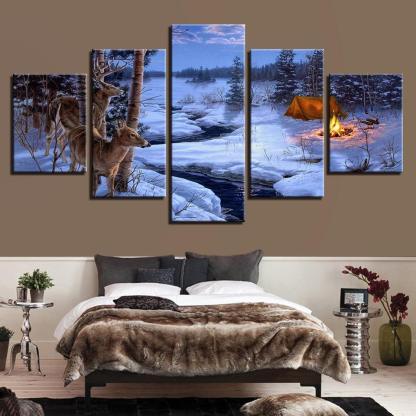 Ice Lake Deer 5 Piece HD Multi Panel Canvas Wall Art Frame-Original Frame