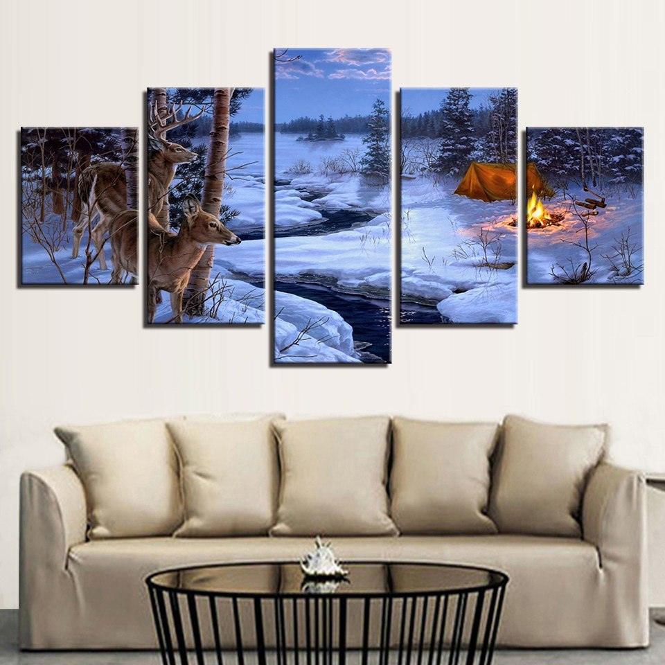 Ice Lake Deer 5 Piece HD Multi Panel Canvas Wall Art Frame-Original Frame