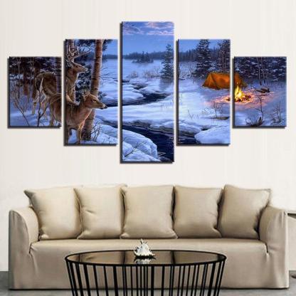 Ice Lake Deer 5 Piece HD Multi Panel Canvas Wall Art Frame-Original Frame