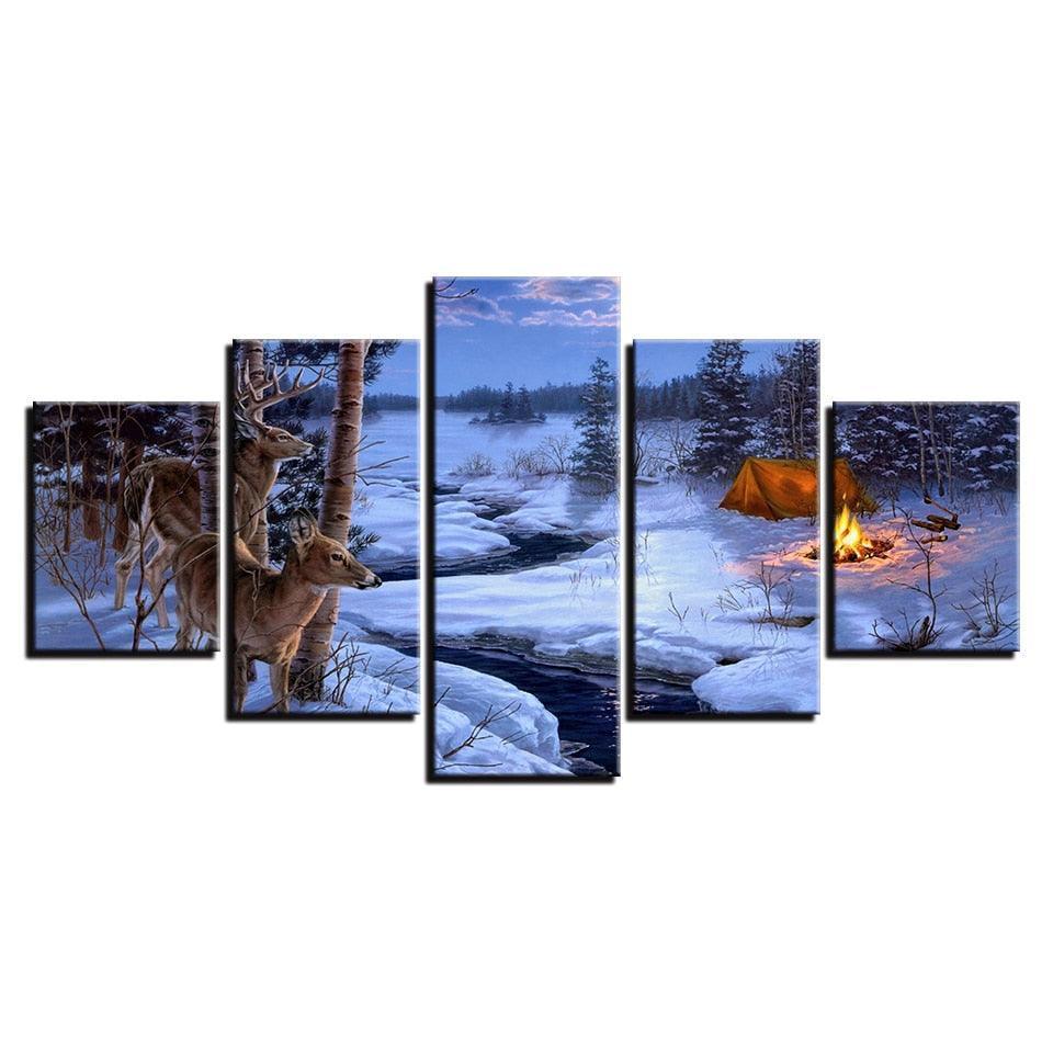 Ice Lake Deer 5 Piece HD Multi Panel Canvas Wall Art Frame-Original Frame