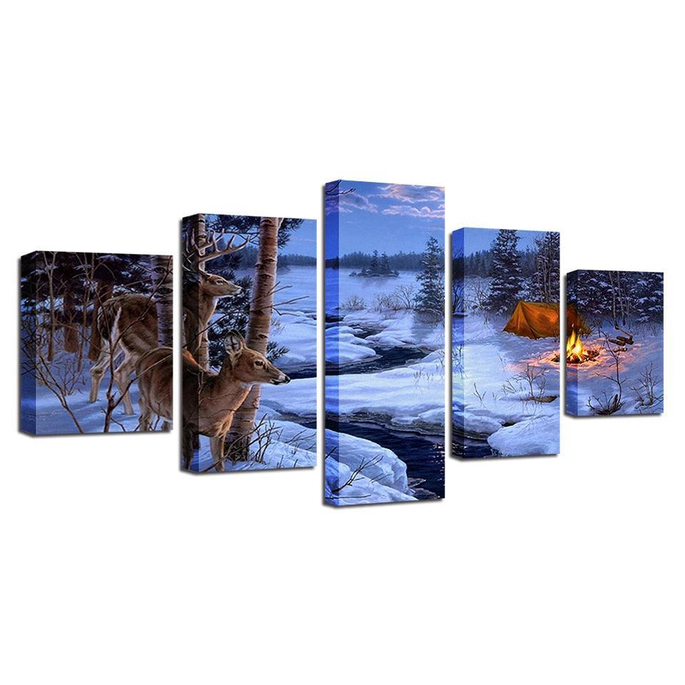 Ice Lake Deer 5 Piece HD Multi Panel Canvas Wall Art Frame-Original Frame