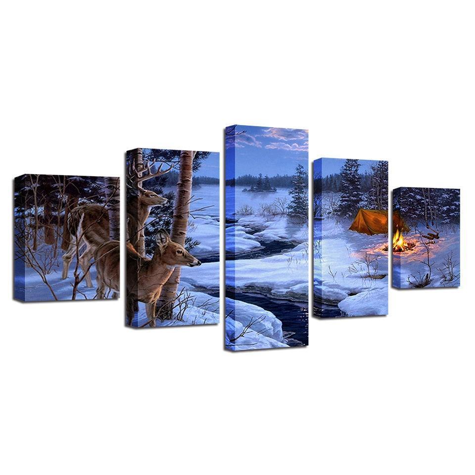 Ice Lake Deer 5 Piece HD Multi Panel Canvas Wall Art Frame-Original Frame