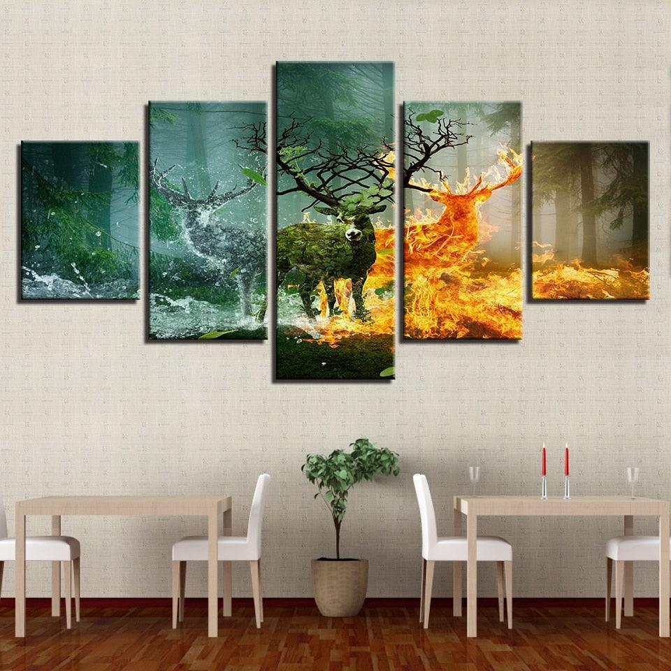 Elemental Deer Forest 5 Piece HD Multi Panel Canvas Wall Art Frame-Original Frame