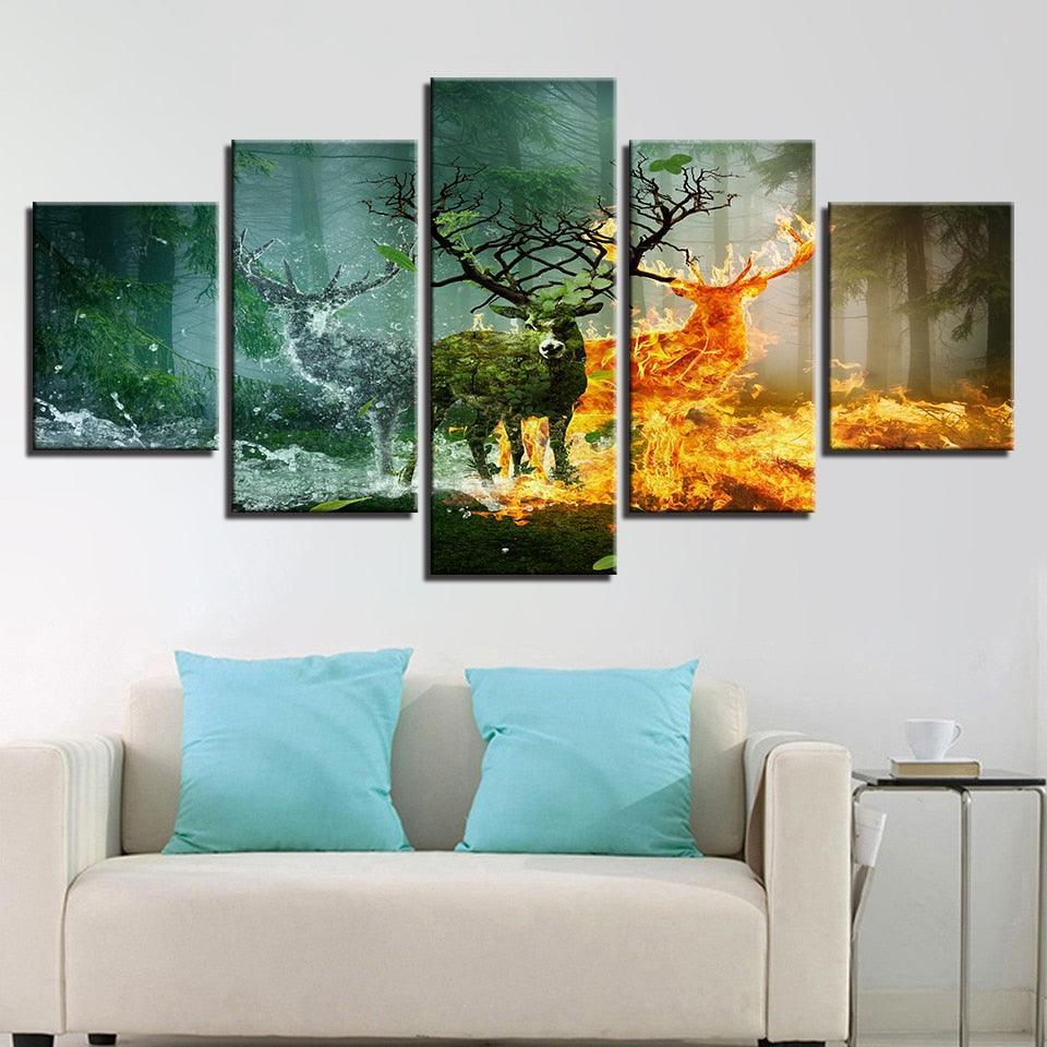 Elemental Deer Forest 5 Piece HD Multi Panel Canvas Wall Art Frame-Original Frame