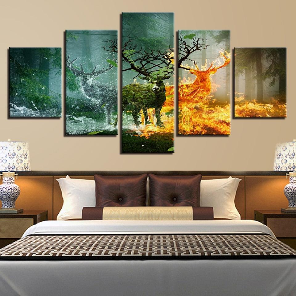 Elemental Deer Forest 5 Piece HD Multi Panel Canvas Wall Art Frame-Original Frame