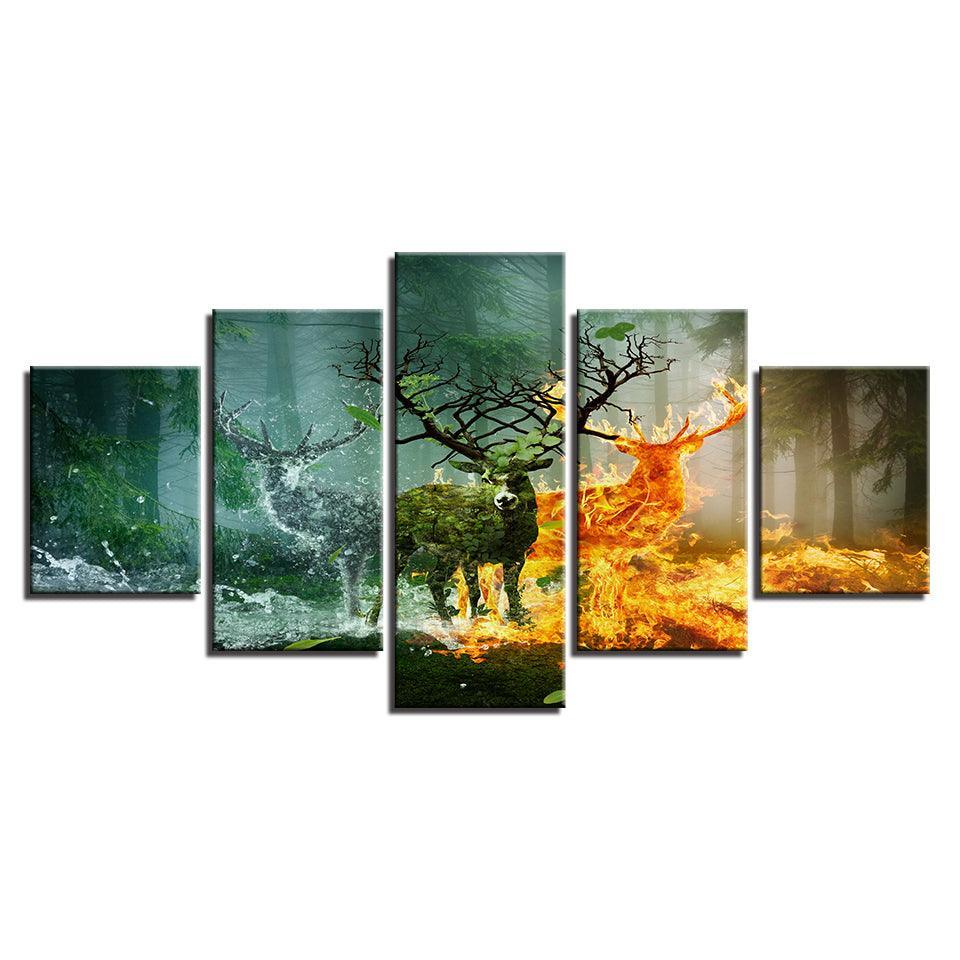 Elemental Deer Forest 5 Piece HD Multi Panel Canvas Wall Art Frame-Original Frame