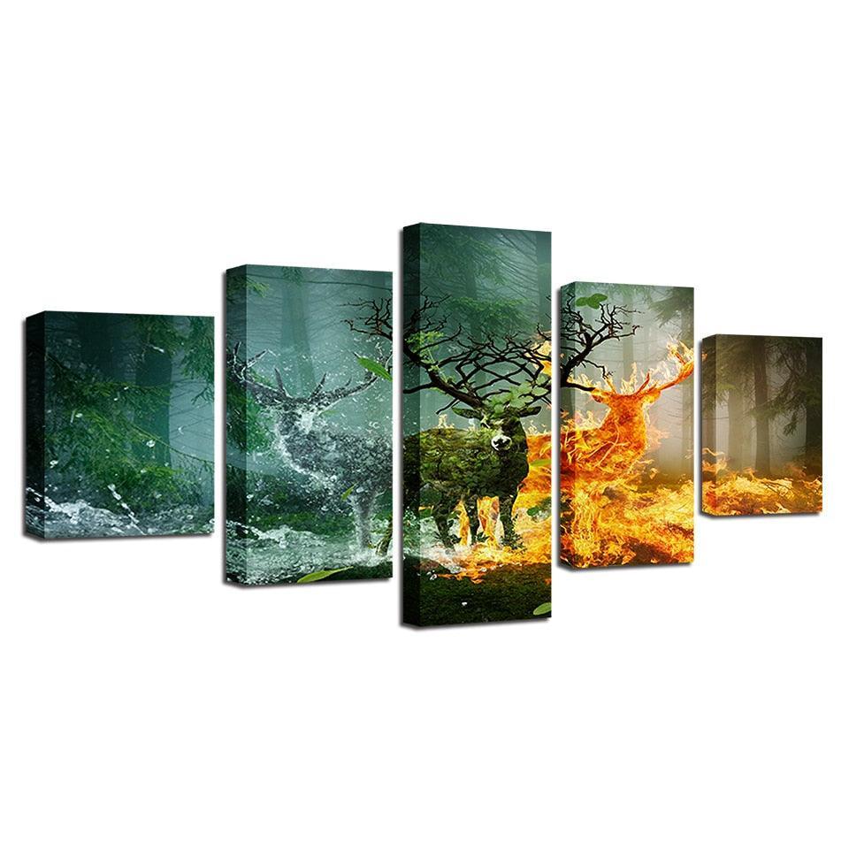 Elemental Deer Forest 5 Piece HD Multi Panel Canvas Wall Art Frame-Original Frame