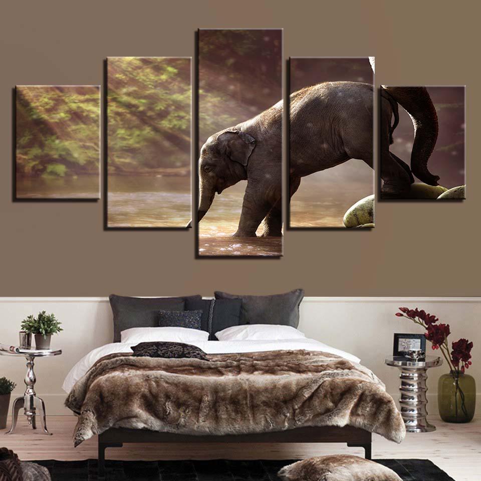 Elephant Drinking 5 Piece HD Multi Panel Canvas Wall Art Frame-Original Frame