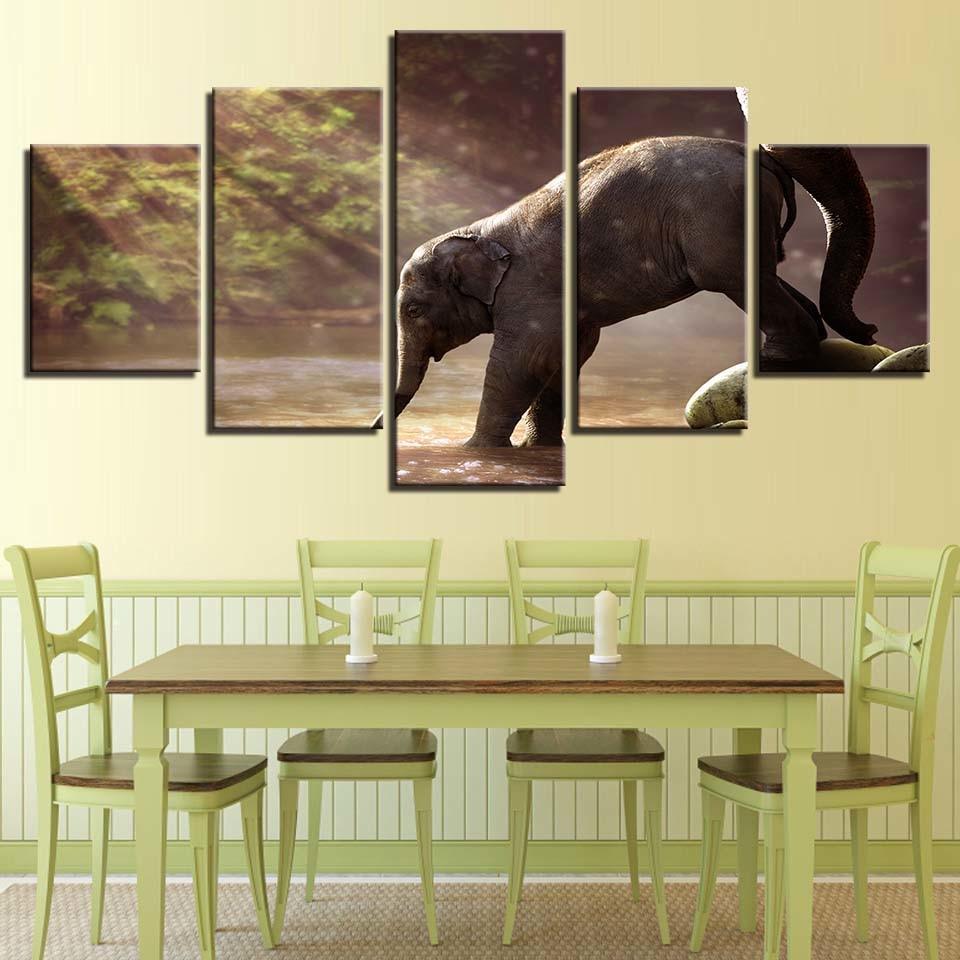 Elephant Drinking 5 Piece HD Multi Panel Canvas Wall Art Frame-Original Frame