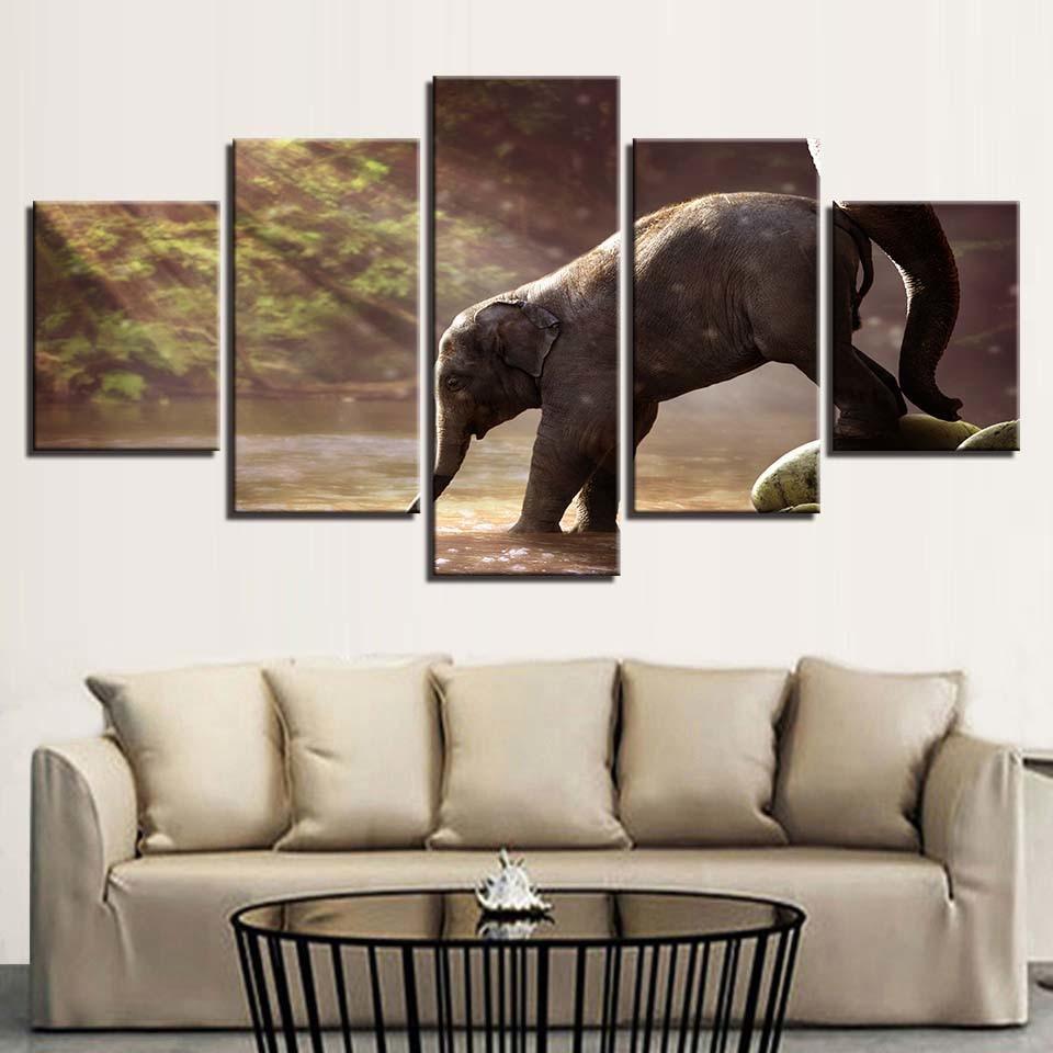 Elephant Drinking 5 Piece HD Multi Panel Canvas Wall Art Frame-Original Frame