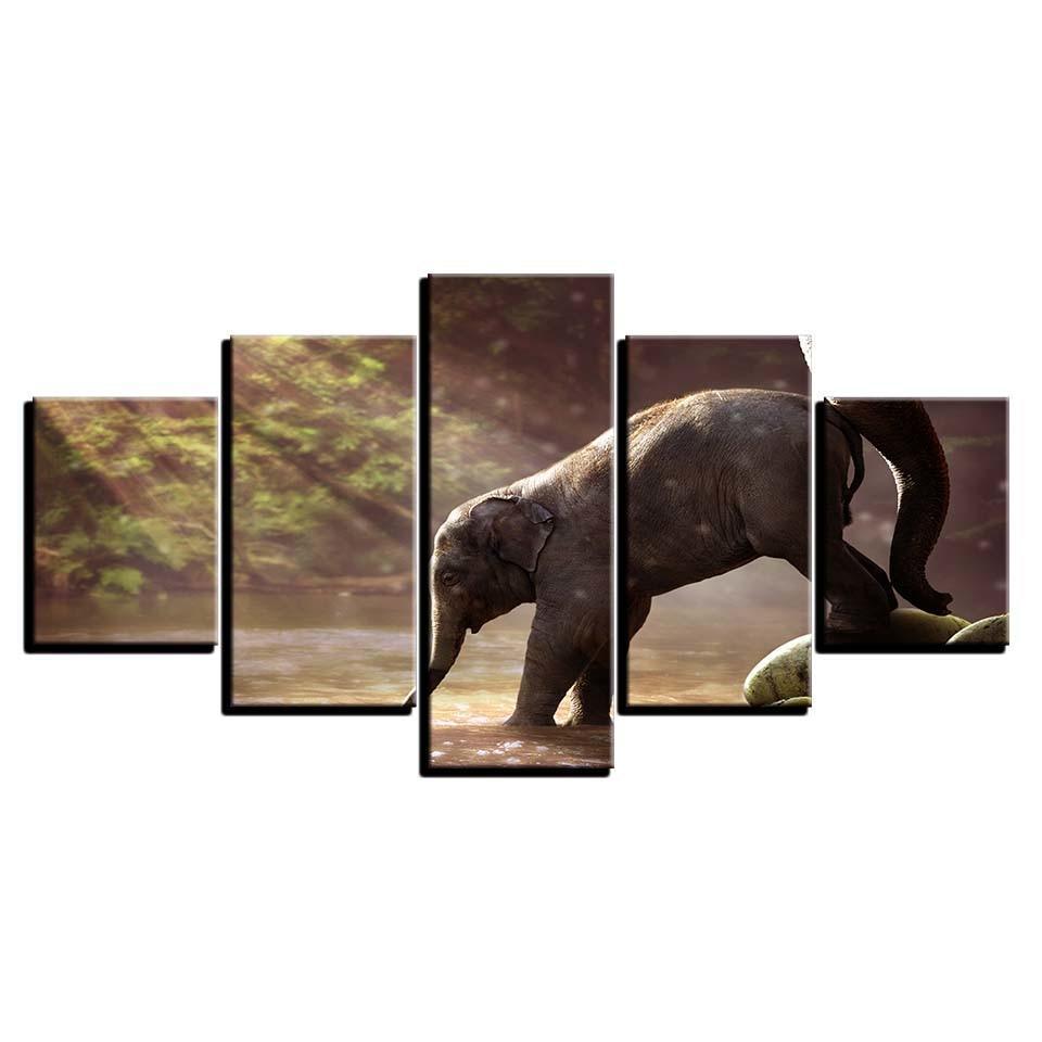 Elephant Drinking 5 Piece HD Multi Panel Canvas Wall Art Frame-Original Frame