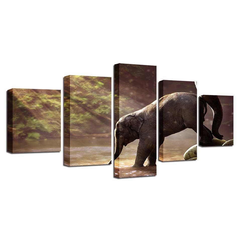 Elephant Drinking 5 Piece HD Multi Panel Canvas Wall Art Frame-Original Frame
