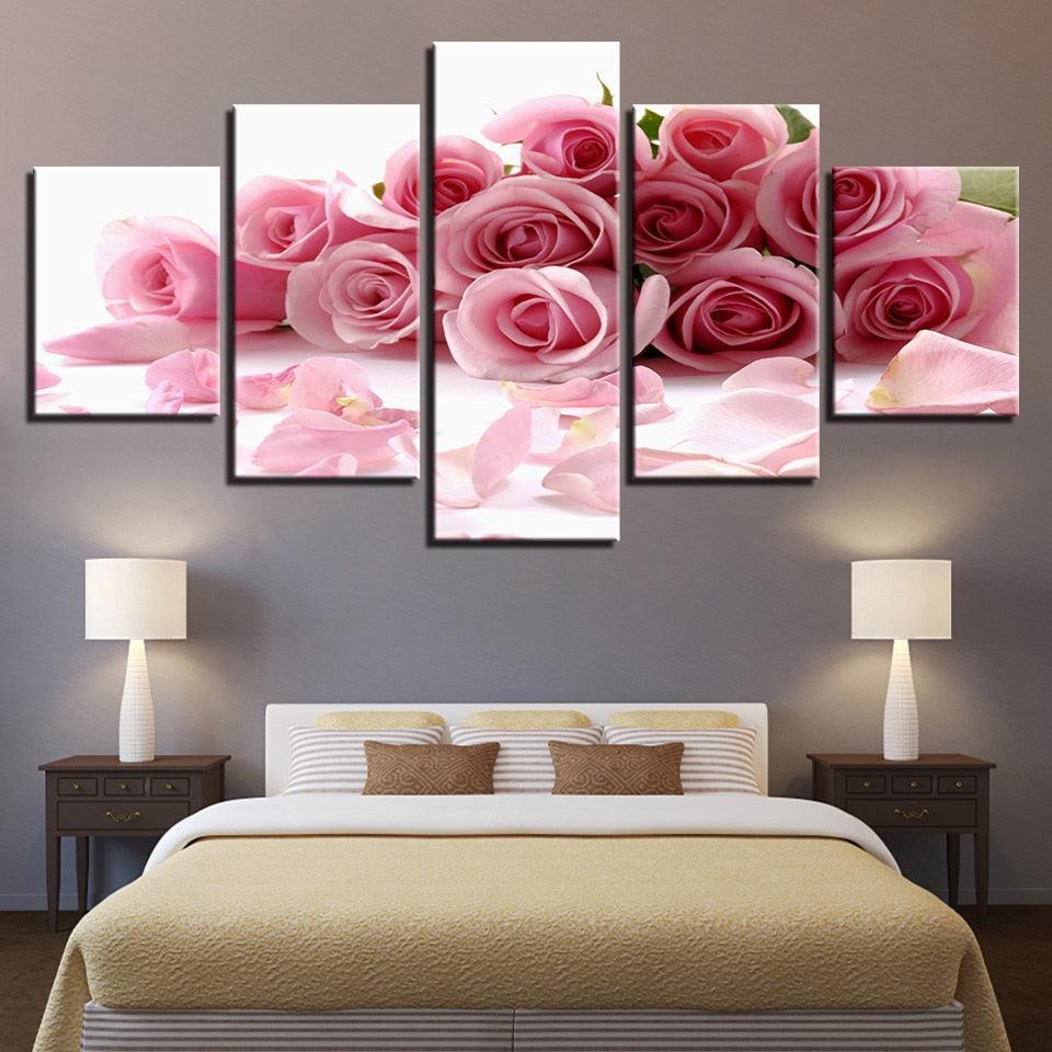 Pink Roses Bouquet 5 Piece HD Multi Panel Canvas Wall Art-Original Frame