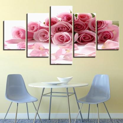Pink Roses Bouquet 5 Piece HD Multi Panel Canvas Wall Art-Original Frame