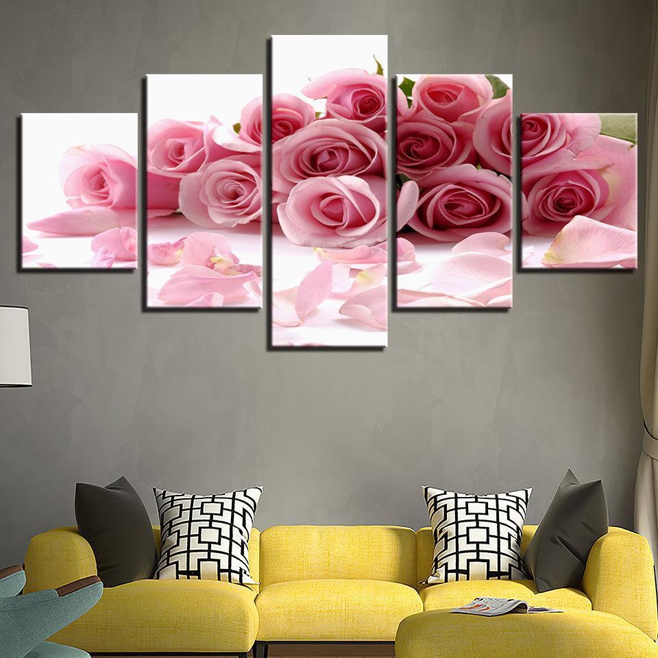 Pink Roses Bouquet 5 Piece HD Multi Panel Canvas Wall Art-Original Frame