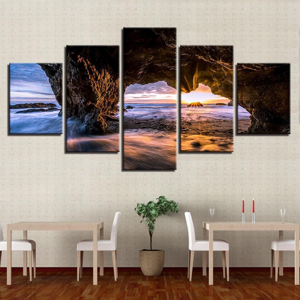 Sunrise on Ocean Waves 5 Piece HD Multi Panel Canvas Wall Art Frame-Original Frame