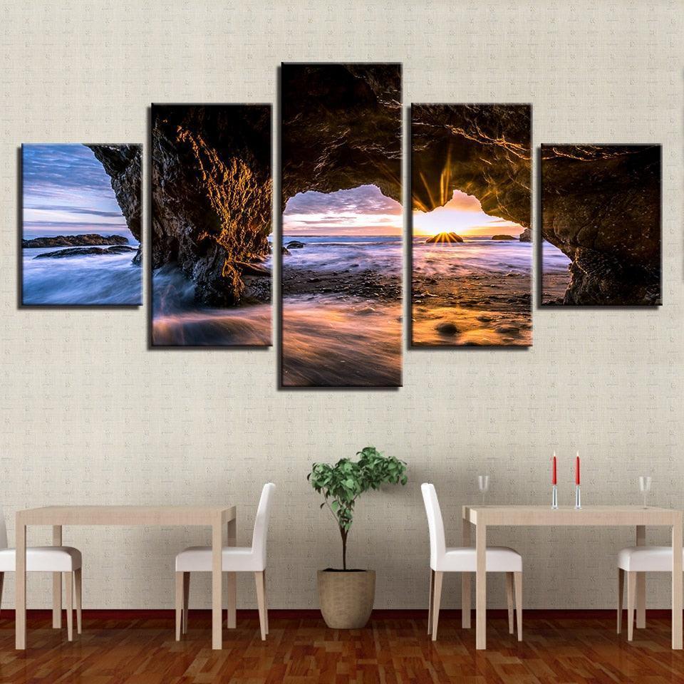 Sunrise on Ocean Waves 5 Piece HD Multi Panel Canvas Wall Art Frame-Original Frame
