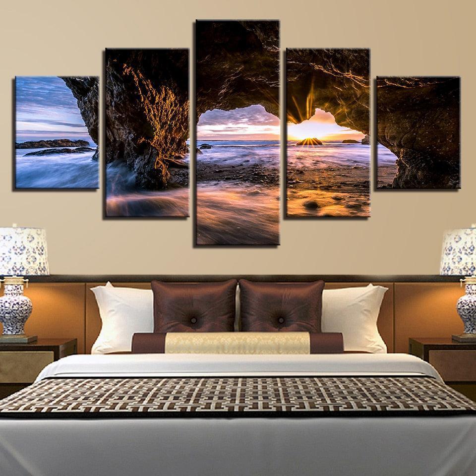 Sunrise on Ocean Waves 5 Piece HD Multi Panel Canvas Wall Art Frame-Original Frame