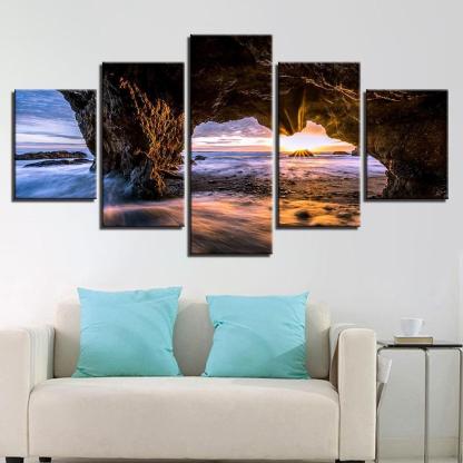 Sunrise on Ocean Waves 5 Piece HD Multi Panel Canvas Wall Art Frame-Original Frame