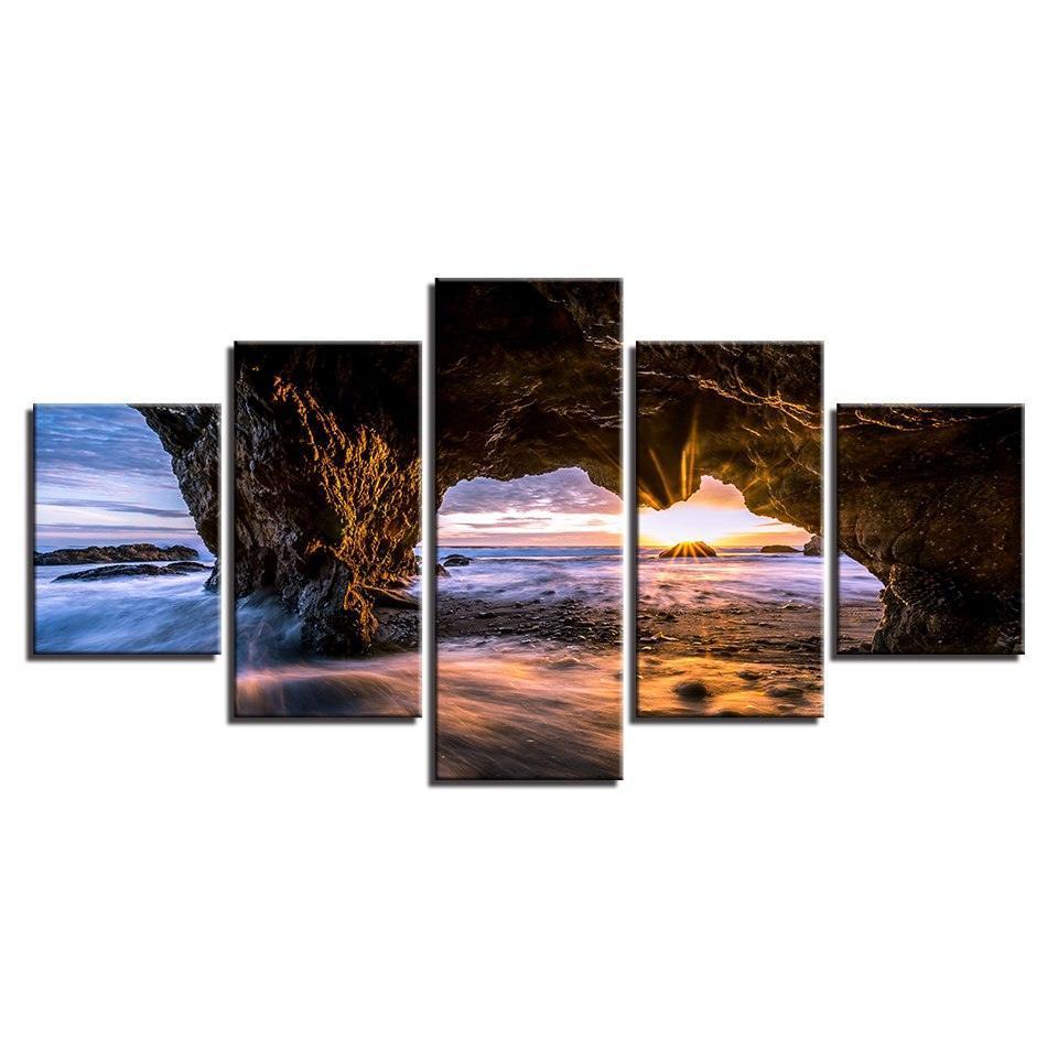 Sunrise on Ocean Waves 5 Piece HD Multi Panel Canvas Wall Art Frame-Original Frame