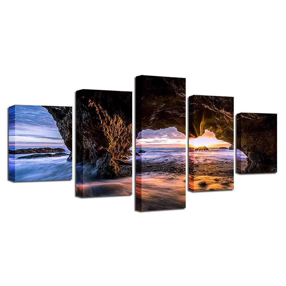 Sunrise on Ocean Waves 5 Piece HD Multi Panel Canvas Wall Art Frame-Original Frame