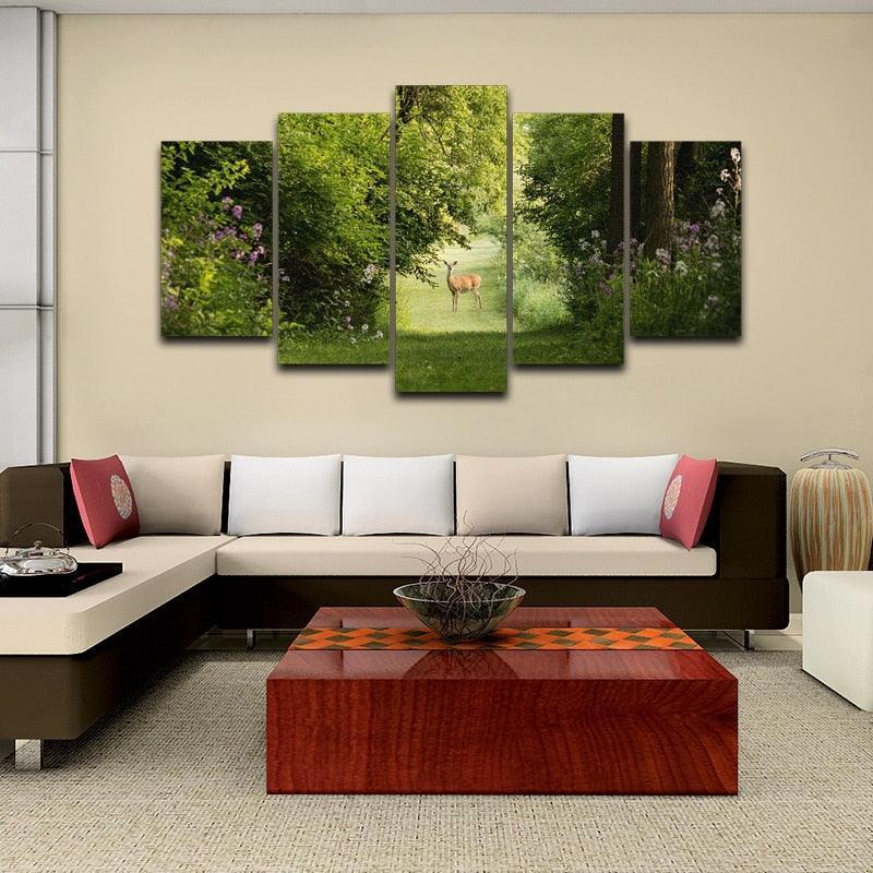 Deer Natural 5 Piece HD Multi Panel Canvas Wall Art Frame-Original Frame
