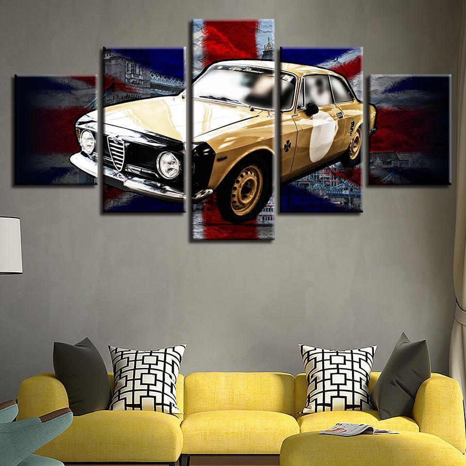 British Flag And Yellow Car 5 Piece HD Multi Panel Canvas Wall Art Frame-Original Frame